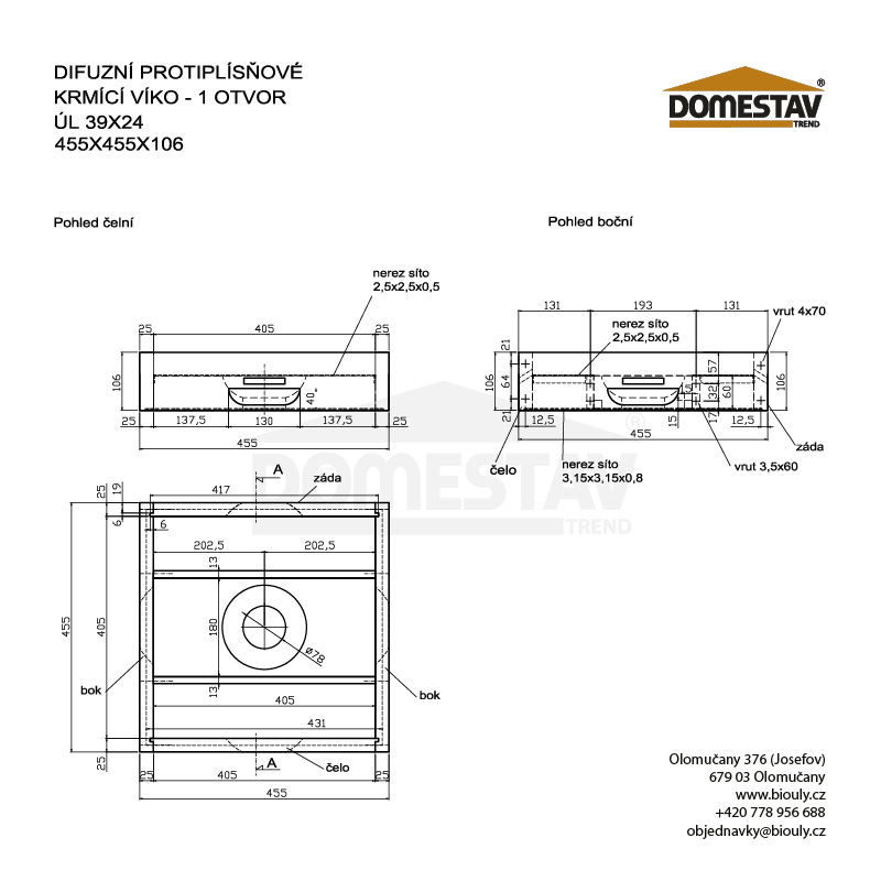 Difúzne protiplesňové kŕmiace veko, 1 otvor,  39x24