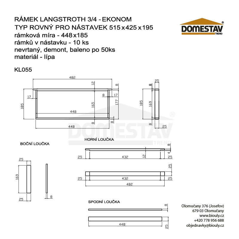 Rámkový přířez 44,8x18,5 Langstroth 3/4, nevrtaný rovný, Lípa, 50 ks