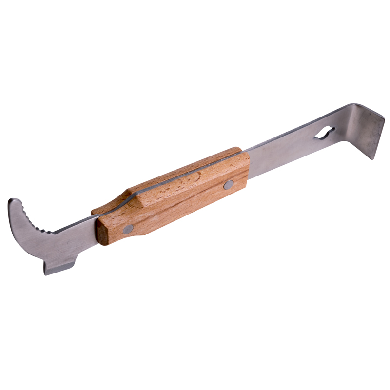 Rozperák obojstranný s hákom a drevenou rukoväťou, nerez