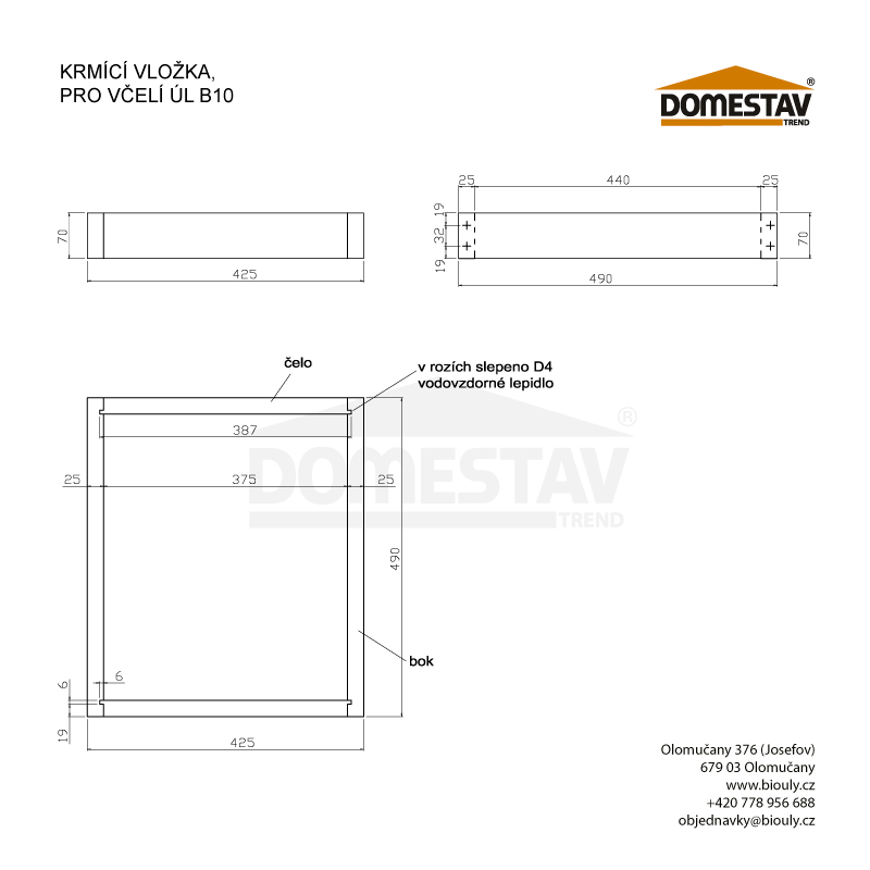 Krmící vložka, pro včelí úl B10