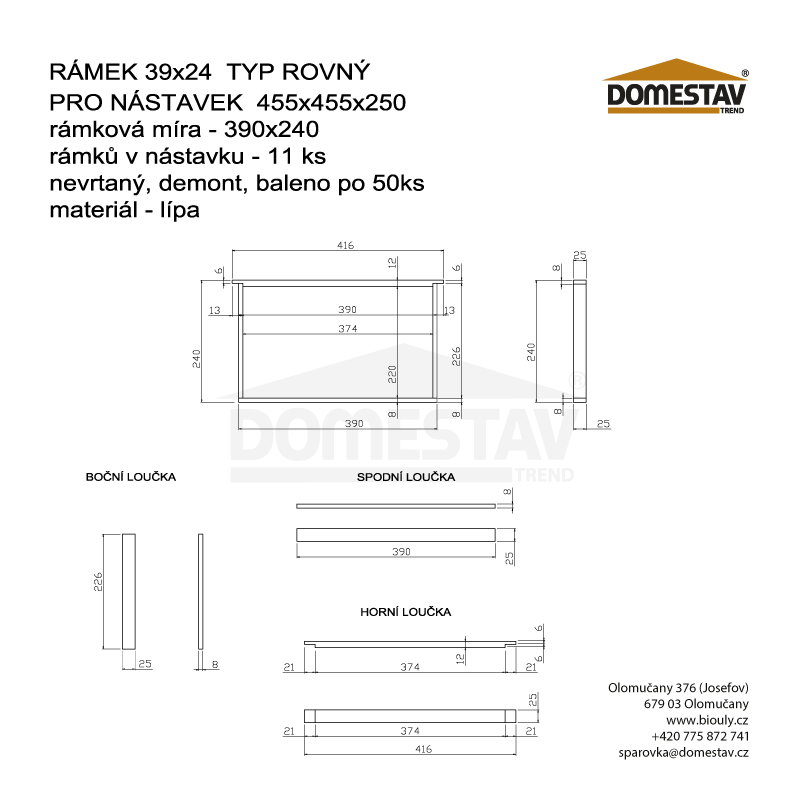 Rámkový přířez 39x24 nevrtaný rovný, Lípa, 50 ks
