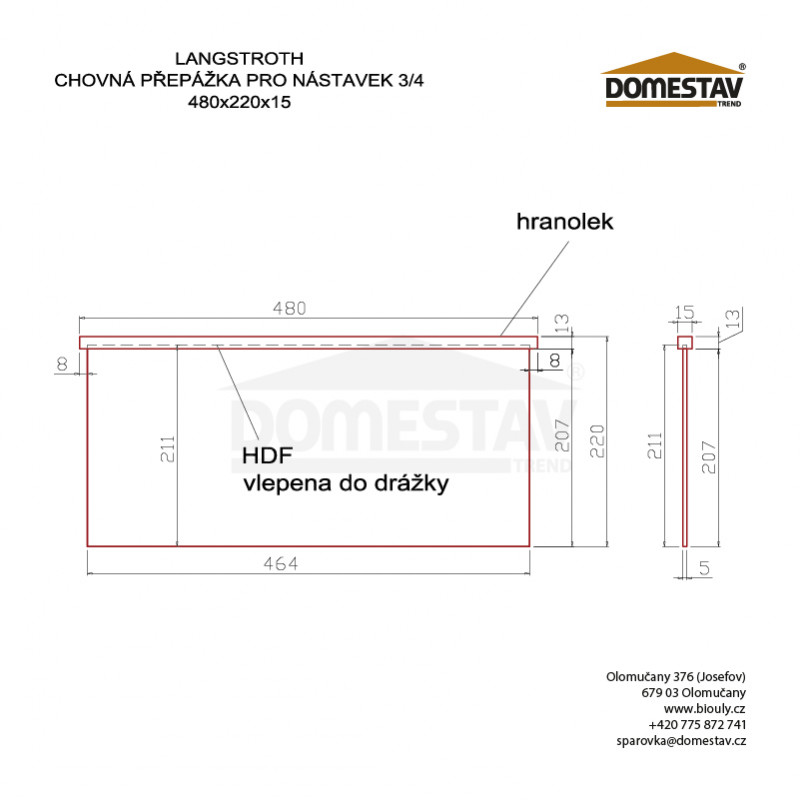 Priehradka k chovnému dnu Langstroth 3/4