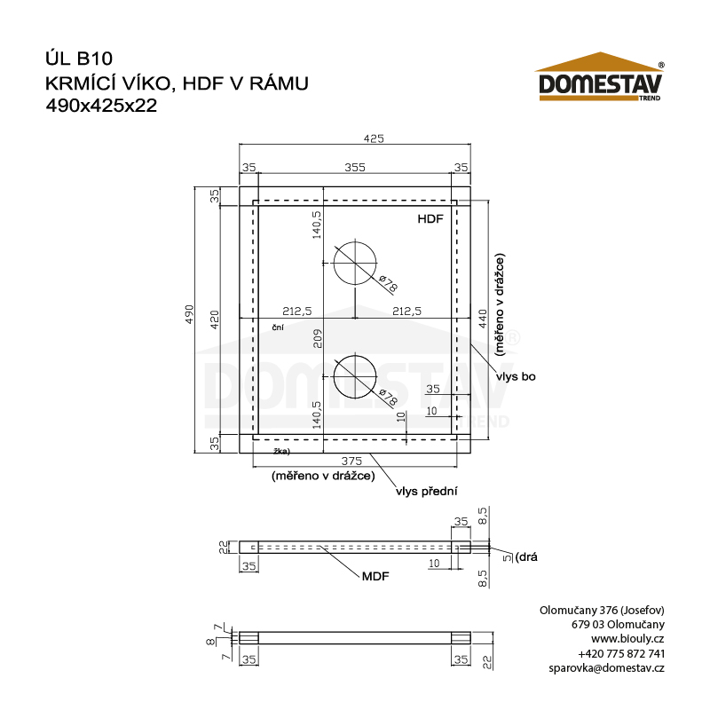 Kŕmiace veko pre včelí úľ B10 a E10, HDF v ráme