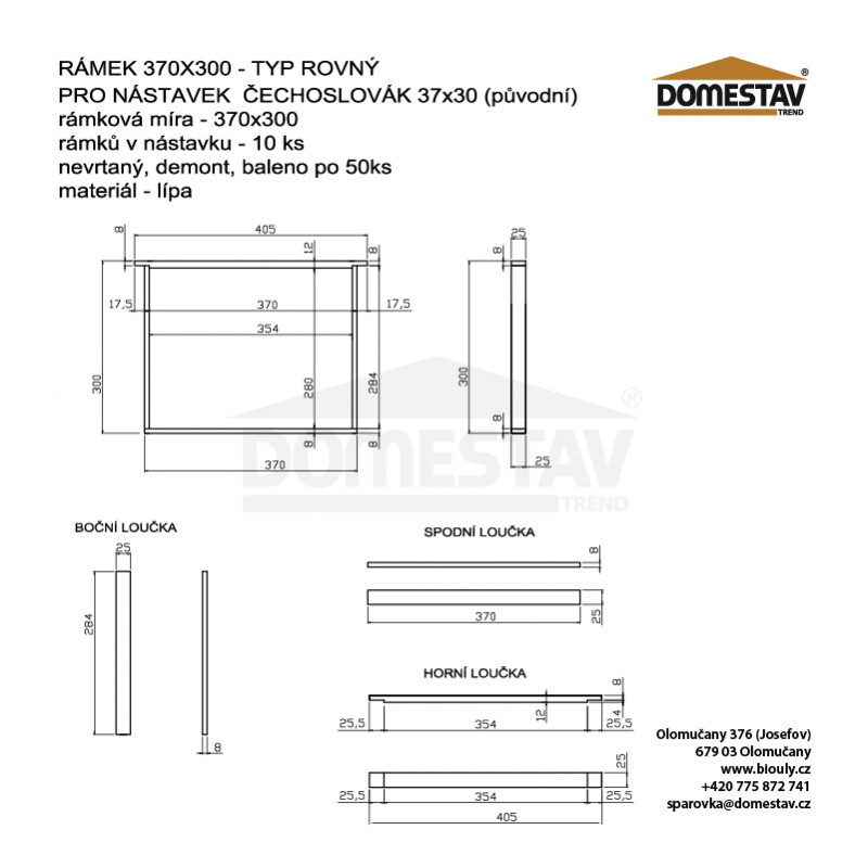 Rámkový prirez 37x30 nevrtaný rovný, Lipa, 50 ks