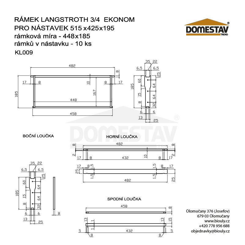 Rámik 44,8x18,5 Langstroth 3/4, vodorovný Hoffman, Lipa