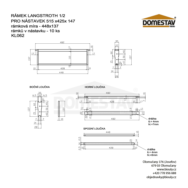 Rámek 44,8x13,7 Langstroth 1/2 Original, vodorovně Hoffman, Lípa
