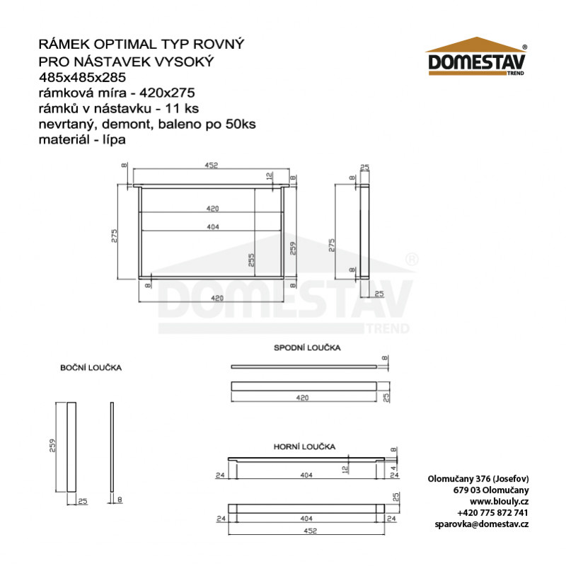 Rámkový přířez 42x27,5 Optimal vysoký, nevrtaný rovný, Lipa, 50 ks
