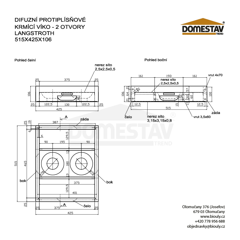 Difúzne protiplesňové kŕmiace veko, 2 otvory, Langstroth