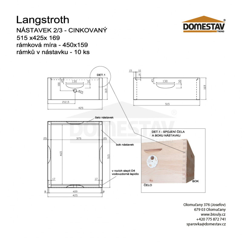 Včelí nástavek cinkovaný Langstroth 2/3 - 169 mm, Borovice vejmutovka