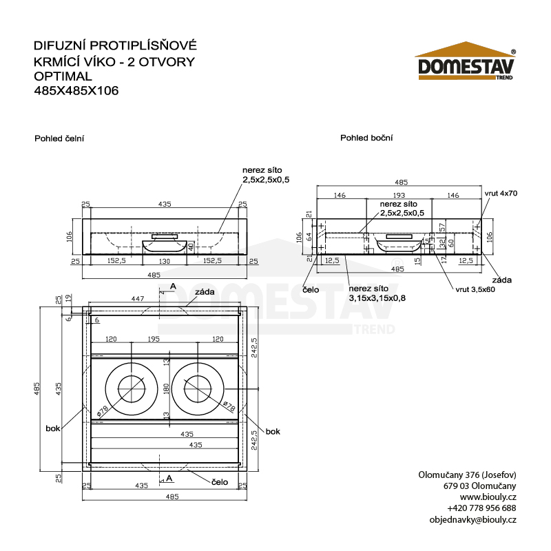Difúzne protiplesňové kŕmiace veko, 2 otvory, Optimal
