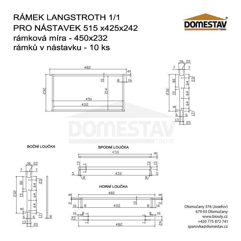 Rámek 44,8x23,2 Langstroth 1/1, vodorovně Hoffman, Lípa