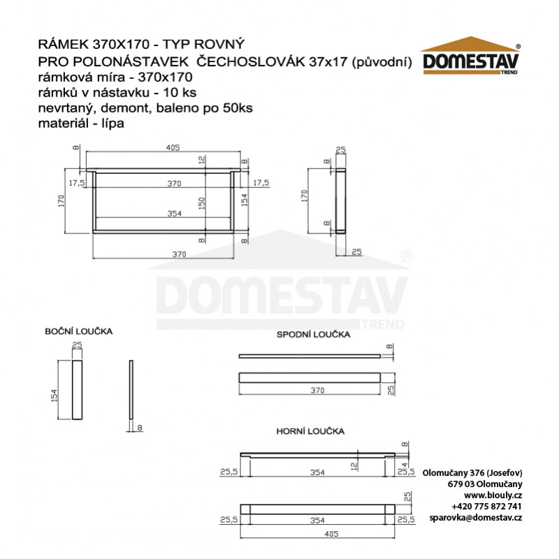 Rámkový přířez 37x17 nevrtaný rovný, Lípa, 50 ks