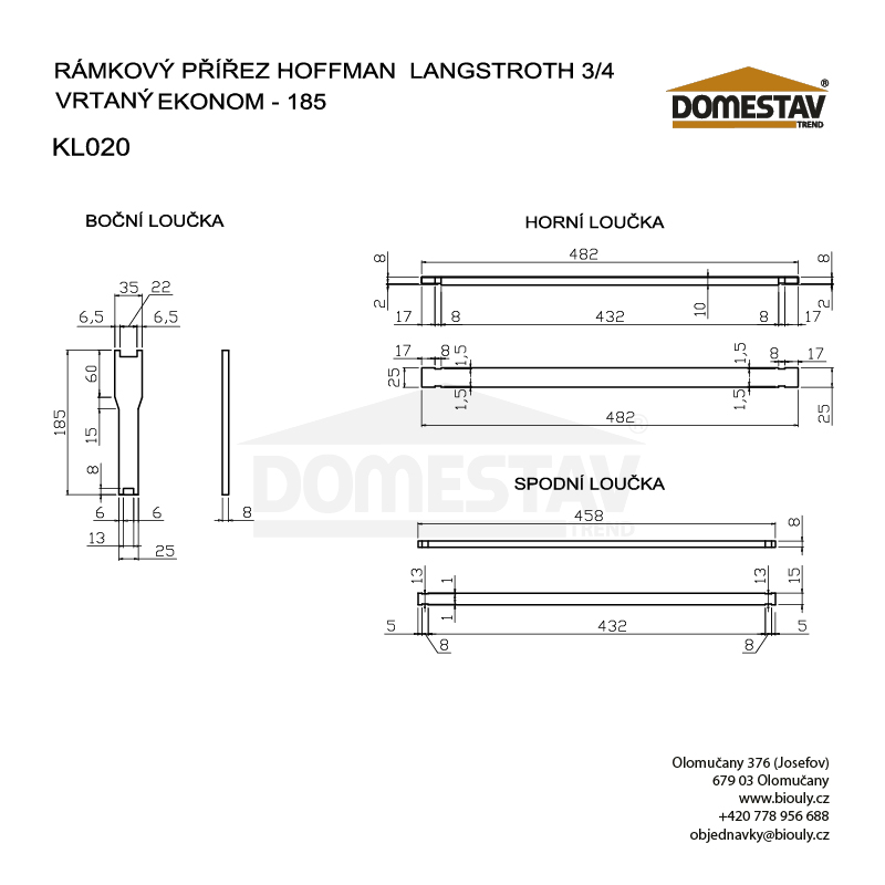 Rámkový přířez 44,8x18,5 Langstroth 3/4, nevrtaný Hoffman, Lípa, 50 ks