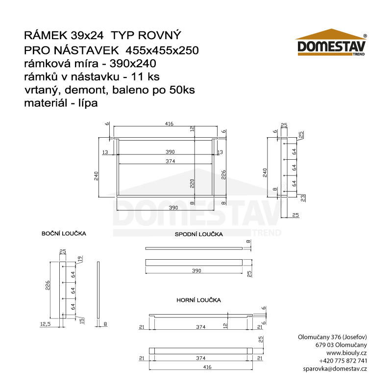 Rámkový přířez 39x24, vodorovně rovný, Lípa, 50 ks