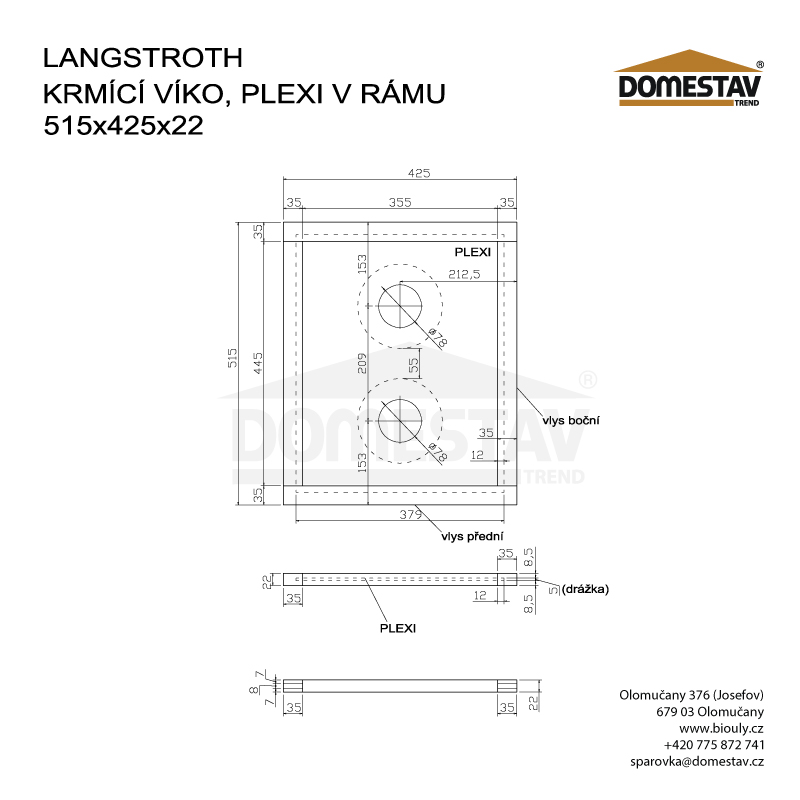 Krmící víko pro včelí úl Langstroth, plexi v rámu