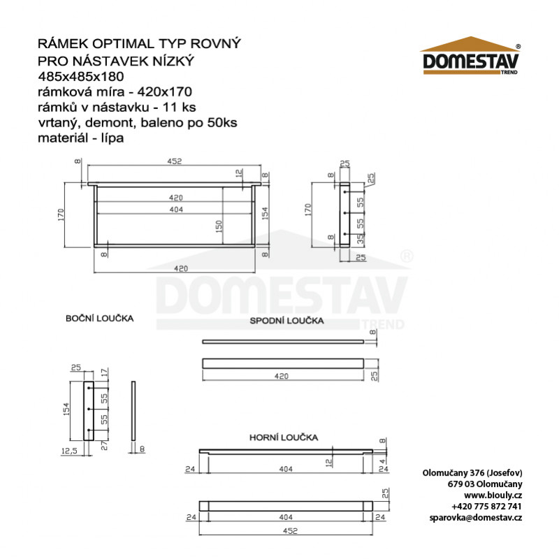 Rámkový přířez 42x17 Optimal nízký, vodorovno rovný, Lipa, 50 ks