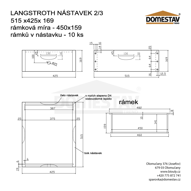 Včelí nástavek Langstroth 2/3 169 mm, nesmontovaný, Borovice vejmutovka - 1 ks