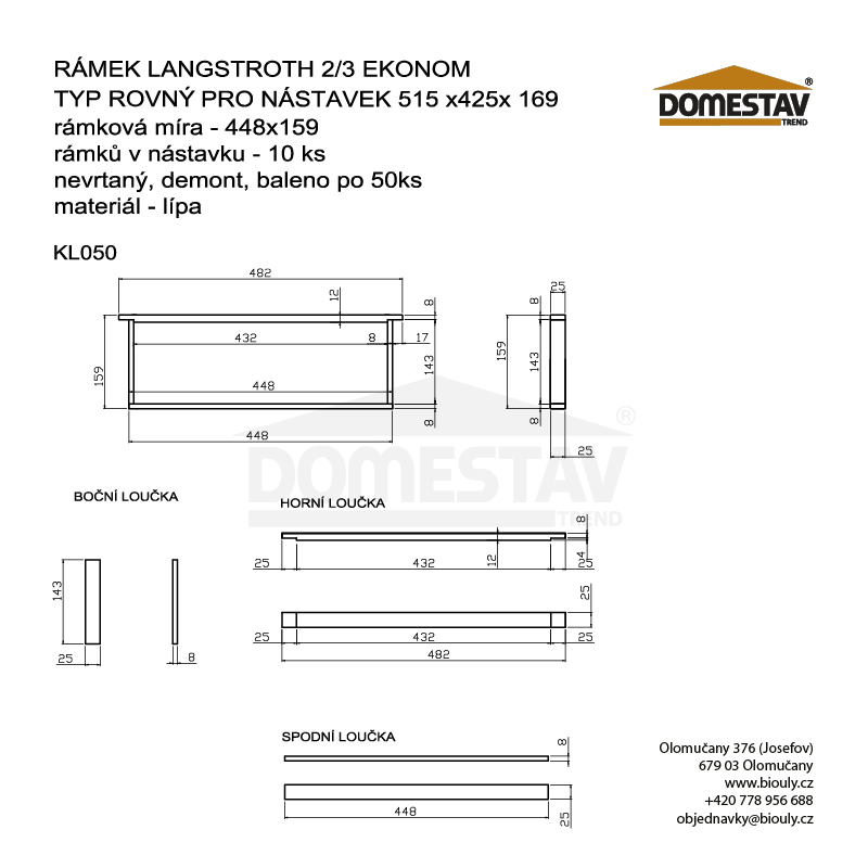 Rámkový prírez 44,8x15,9 Langstroth 2/3, nevrtaný rovný, Lipa, 50 ks