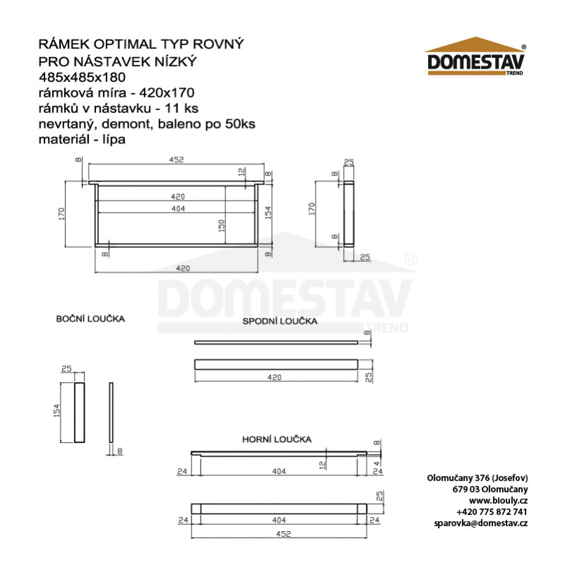 Rámkový přířez 42x17 Optimal nízký, nevrtaný rovný, Lipa, 50 ks