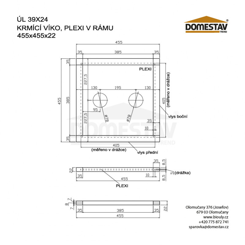 Krmící víko pro včelí úl 39x24 a 39x17, plexi v rámu