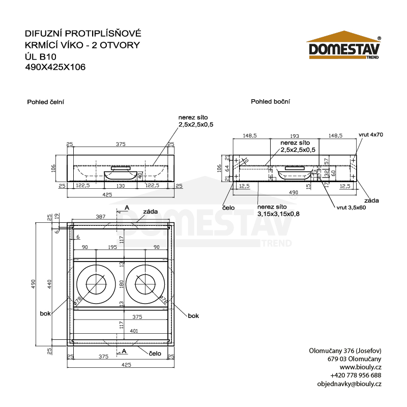 Difúzne protiplesňové kŕmiace veko, 2 otvory, B10