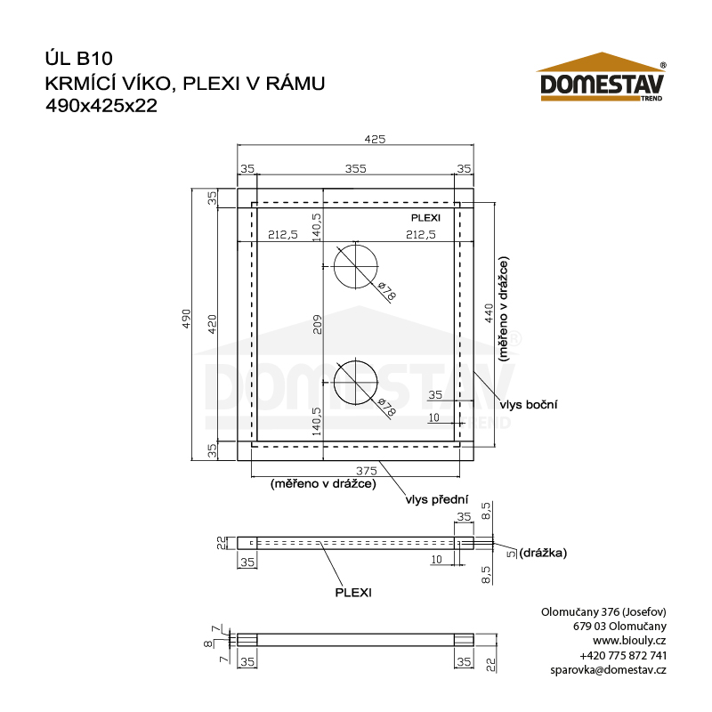 Kŕmiace veko pre včelí úľ B10 a E10, plexi v ráme