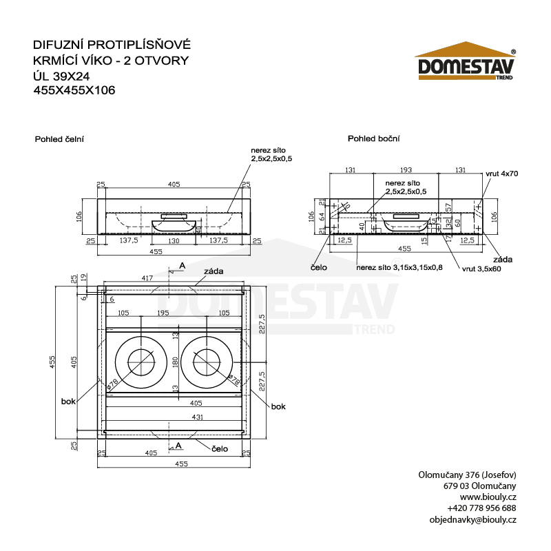 Difúzne protiplesňové kŕmiace veko, 2 otvory, 39x24