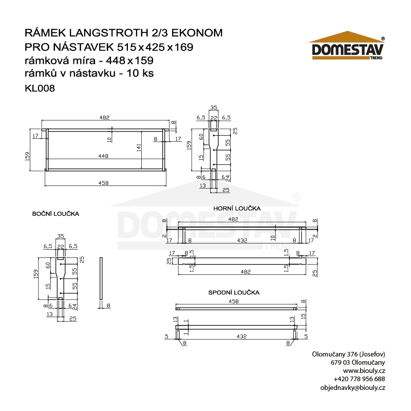 Rámek 44,8x15,9 Langstroth 2/3, vodorovně Hoffman, Lípa