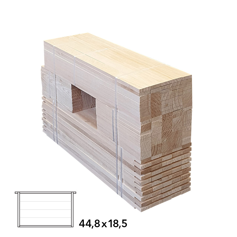 Rámkový přířez 44,8x18,5 Langstroth 3/4, vrtaný vodor. rovný, Lípa, 50 ks