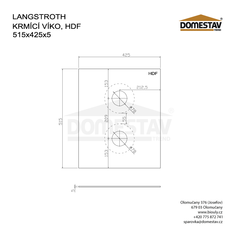 Kŕmiace veko pre včelí úľ Langstroth, HDF