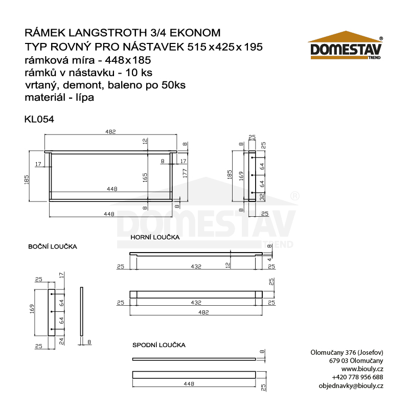 Rámkový přířez 44,8x18,5 Langstroth 3/4, vrtaný vodor. rovný, Lípa, 50 ks