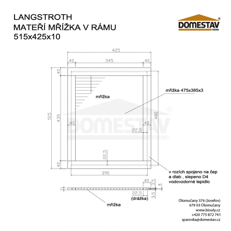 Mateří mřížka v rámu pro včelí úl Langstroth