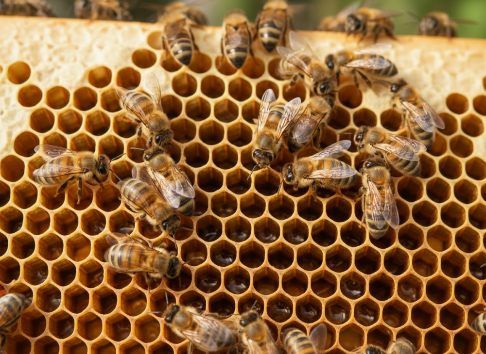 včelí plást se včelami