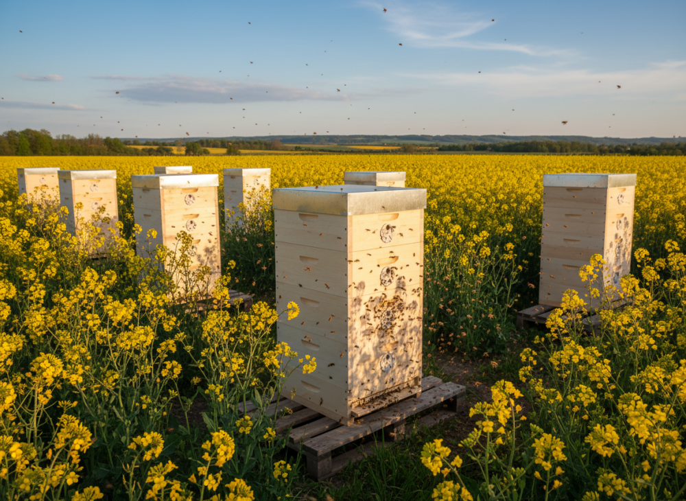 včelie úle na repkovom poli