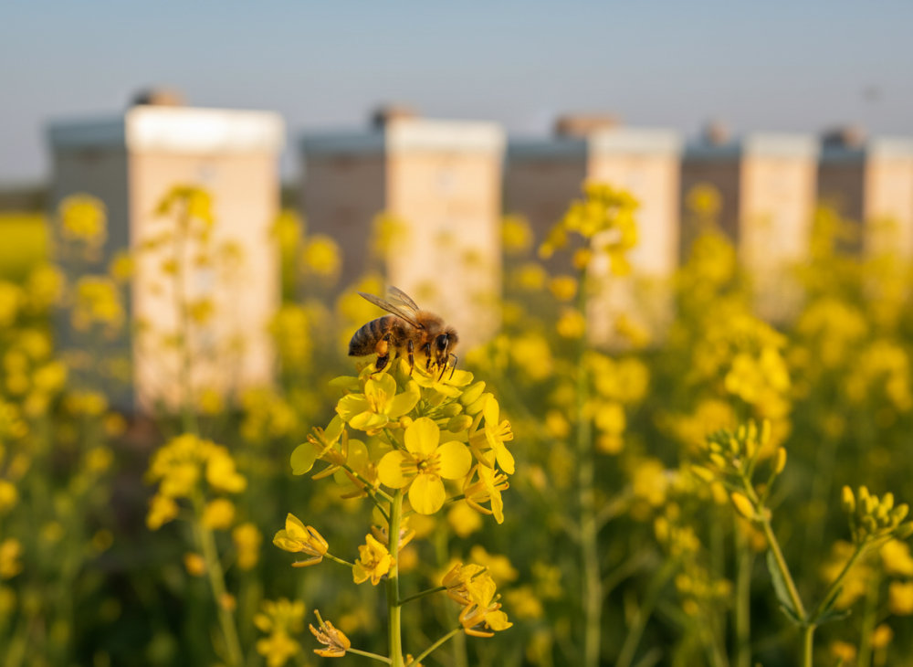 včelie úle na repkovom poli