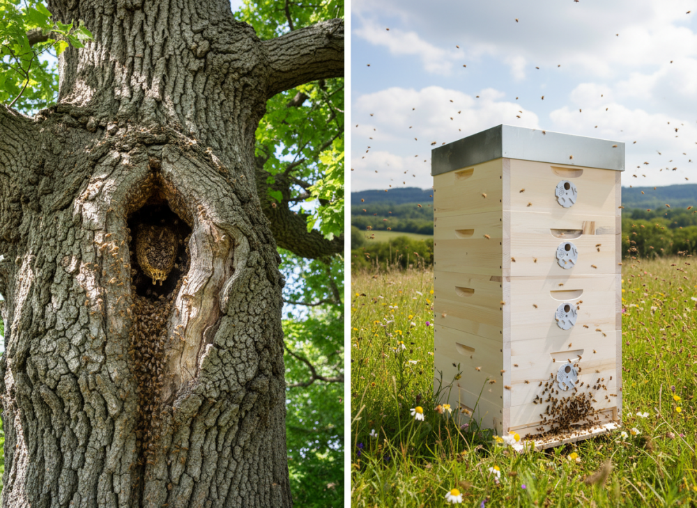 včely v dutine stromu a vo včelom úli